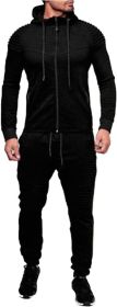 Men's 2 Pieces Tracksuits Running Jogging Athletic Casual Outfits Suit Solid Full Zip Sports Hooded Pants Sweatsuits (Color: BLACK, size: M)