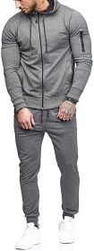 Men's 2 Pieces Tracksuits Running Jogging Athletic Casual Outfits Suit Solid Full Zip Sports Hooded Pants Sweatsuits (Color: grey1, size: L)