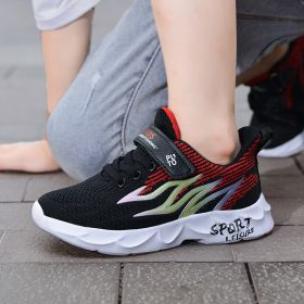 Kids Flying Woven Mesh Casual Shoes Sneakers Student Spring Summer Autumn New Fashion Boy Girl Light Breathable Middle Big Child (Color: Black red, size: 34)