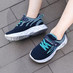 Kids Flying Woven Mesh Casual Shoes Sneakers Student Spring Summer Autumn New Fashion Boy Girl Light Breathable Middle Big Child (Color: Black blue, size: 28)